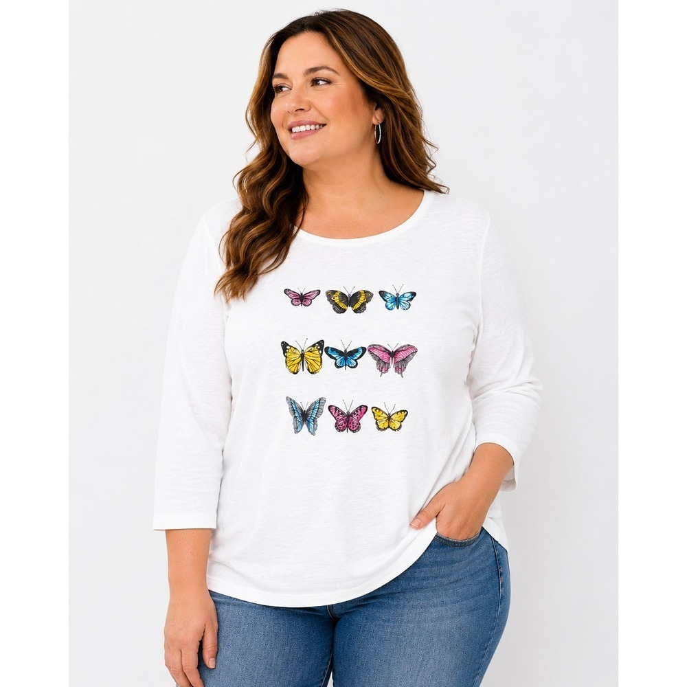 Talbots Butterfly Graphic Tee 3X White 100% Cotton 3/4 Sleeve Plus Size Top